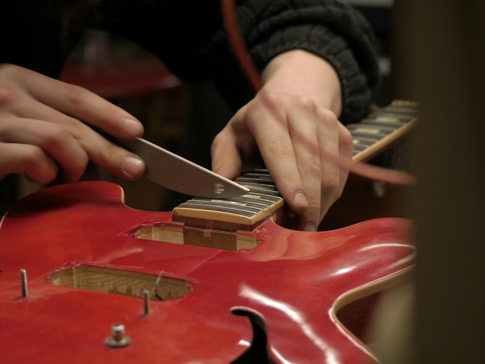 Chisel work at the bridge of a hollowbody